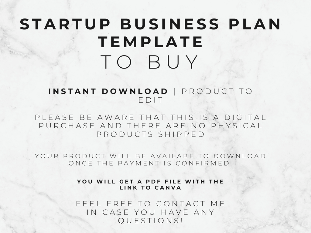 Text on a marble background about a startup business plan template for digital download.