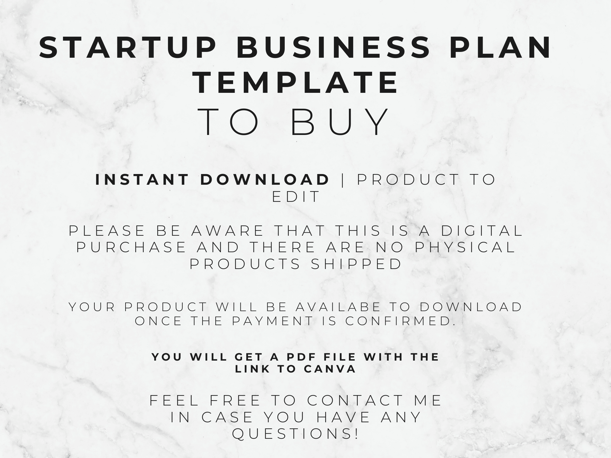 Text on a marble background about a startup business plan template for digital download.