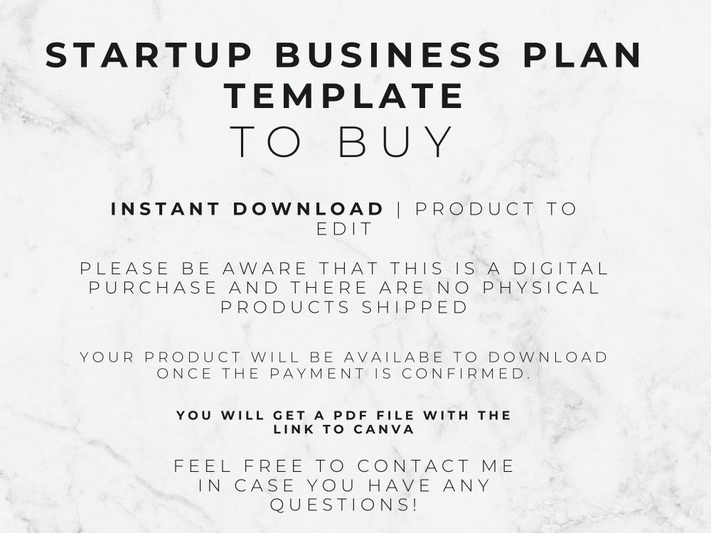 Text on a marble background advertising a startup business plan template for digital download.