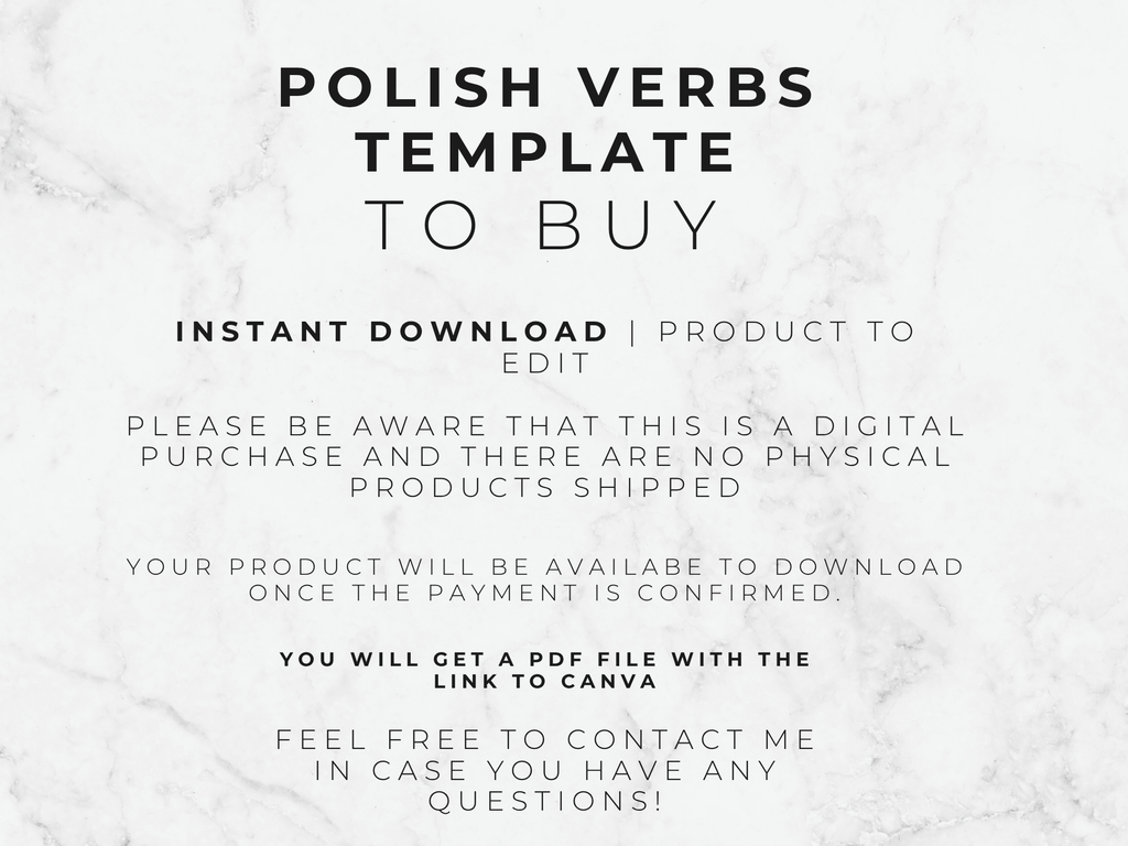 Text on a marble background about a digital verb template for 'to buy'.