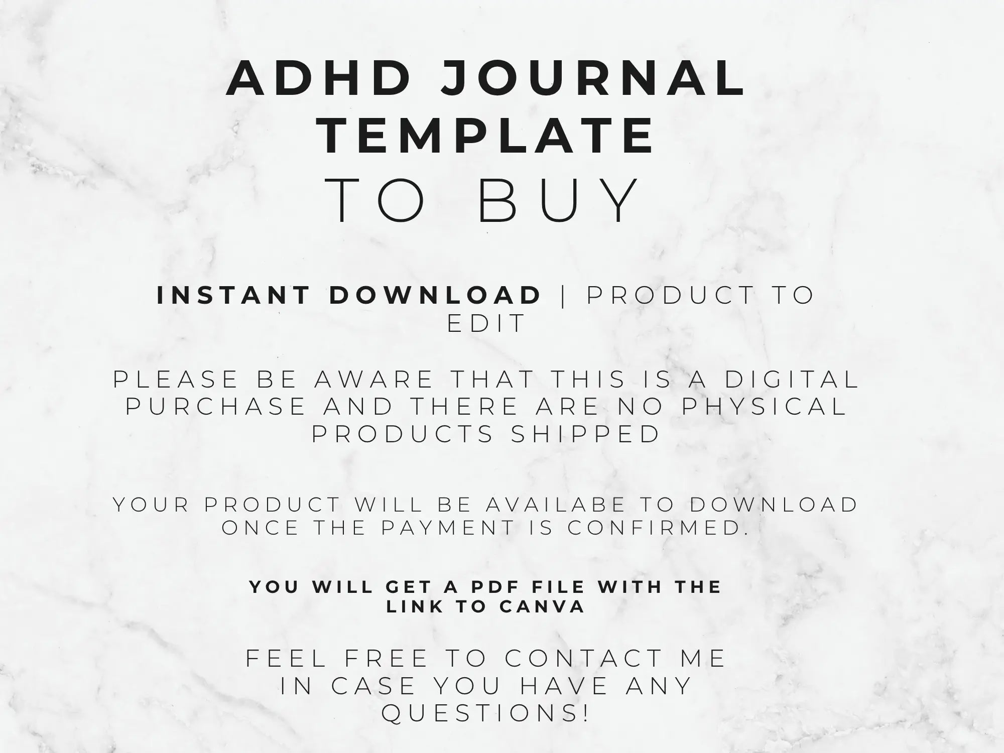 Text on a marble background about an ADHD journal template for purchase.