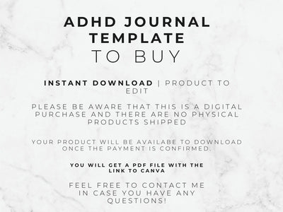 Text on a marble background about an ADHD journal template for purchase.
