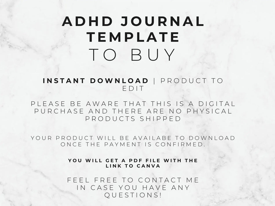 Text on a marble background about an ADHD journal template for purchase.