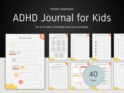 ADHD Journal for Kids with various pages displayed on a white background