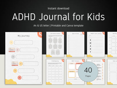 ADHD Journal for Kids with various pages displayed on a white background