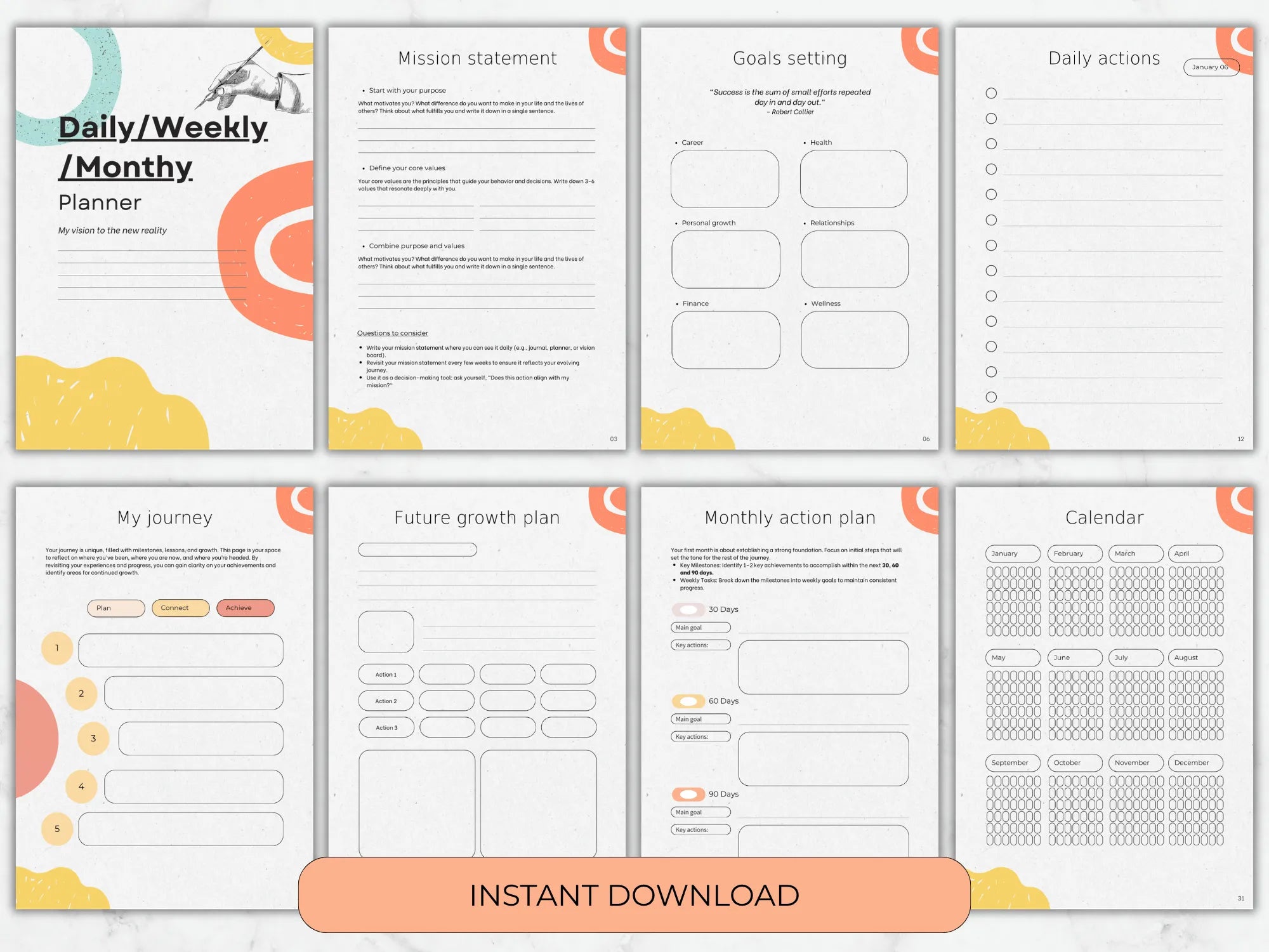Collection of planner pages with various sections on a white background.