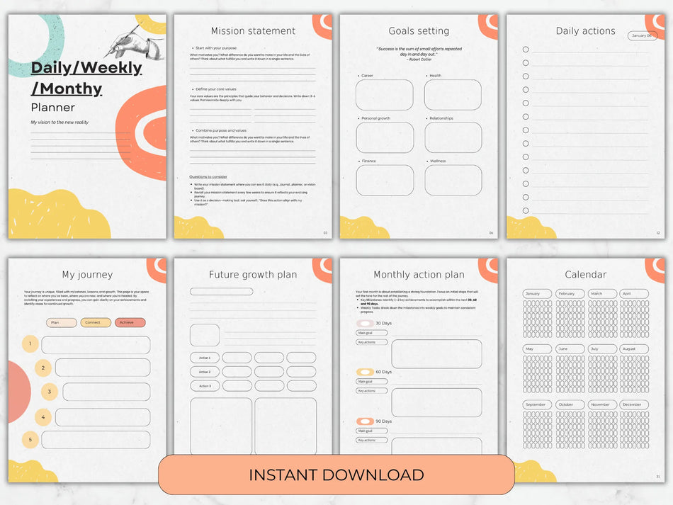 Collection of planner pages with various sections on a white background.