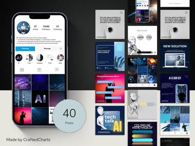 A collection of 40 social media post templates showcasing a futuristic AI theme displayed on a mobile phone interface, featuring various designs, infographics, and text layouts.