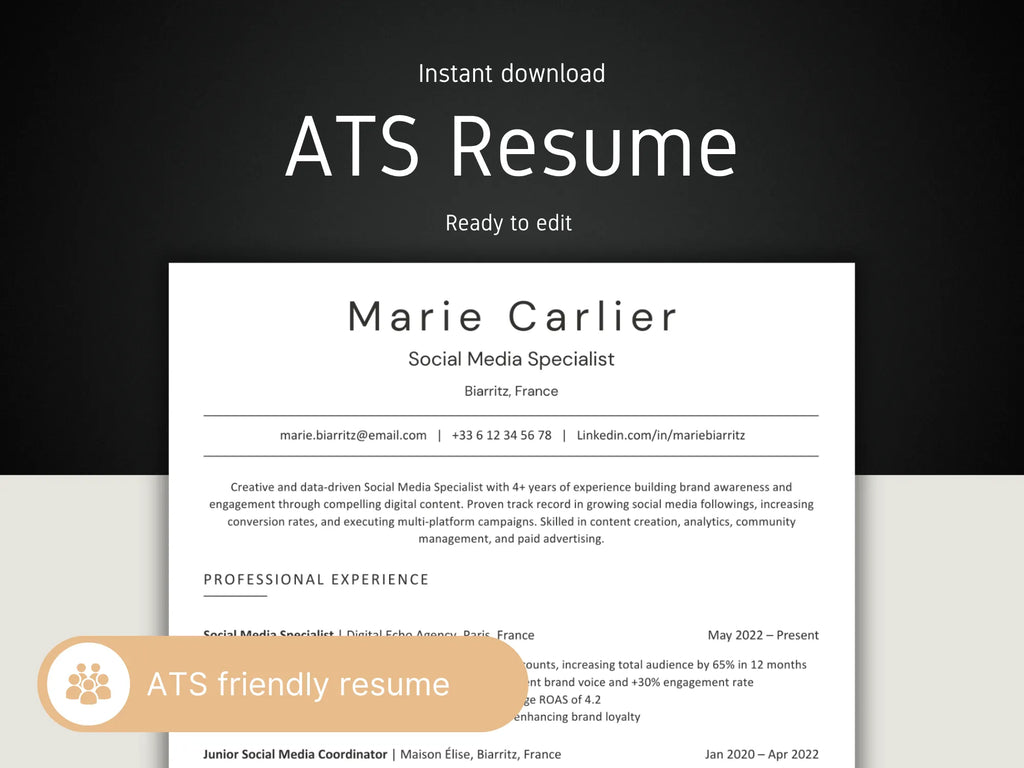 ATS Resume template with contact information and professional experience on a white background