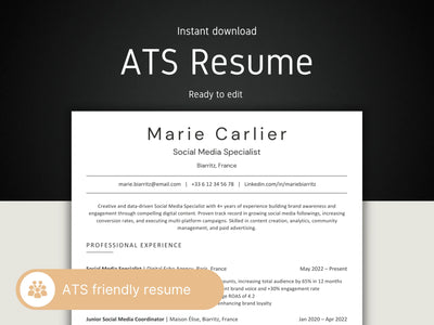 ATS Resume template with contact information and professional experience on a white background