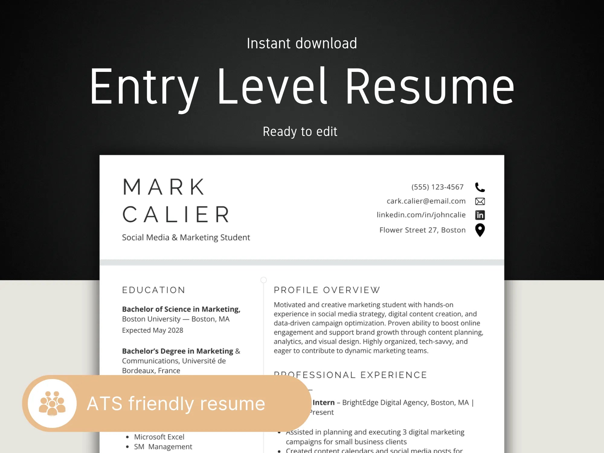 Entry level resume template with contact information and ATS friendly features on a dark background