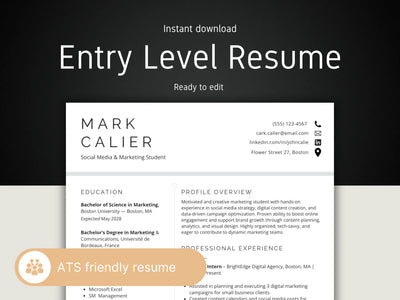 Entry level resume template with contact information and ATS friendly features on a dark background