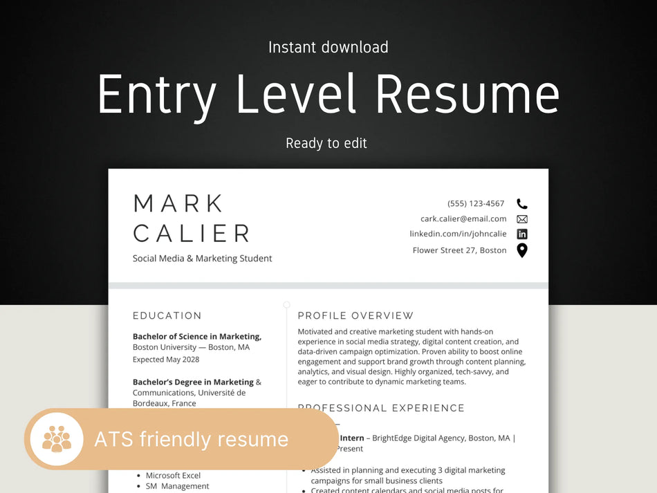 Entry level resume template with contact information and ATS friendly features on a dark background
