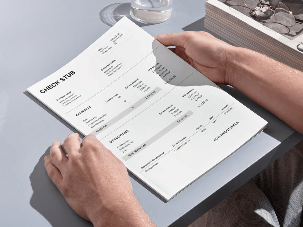 Person holding a check stub book on a light gray surface