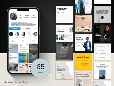 Phone displaying social media app with 65 posts on a collage of various social media posts.
