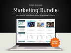 Laptop displaying a marketing bundle with 'Shop Now!' button on a dark background