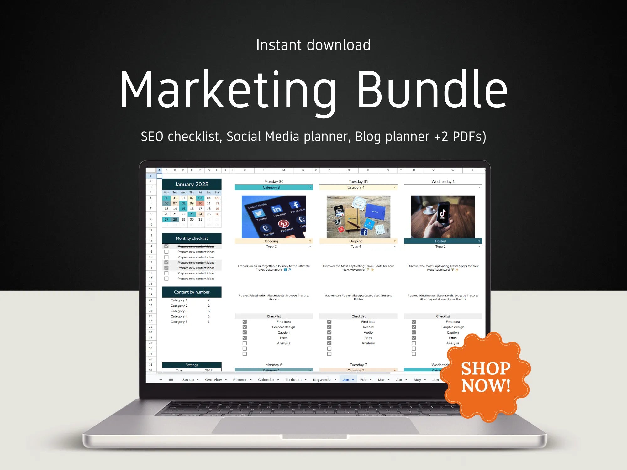 Laptop displaying a marketing bundle with 'Shop Now!' button on a dark background