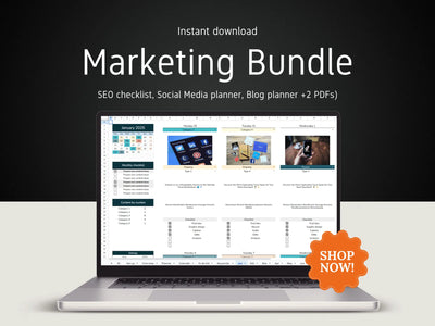 Laptop displaying a marketing bundle with 'Shop Now!' button on a dark background