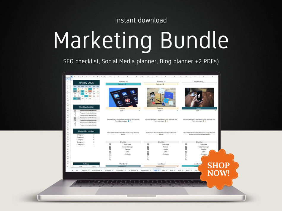 Laptop displaying a marketing bundle with 'Shop Now!' button on a dark background