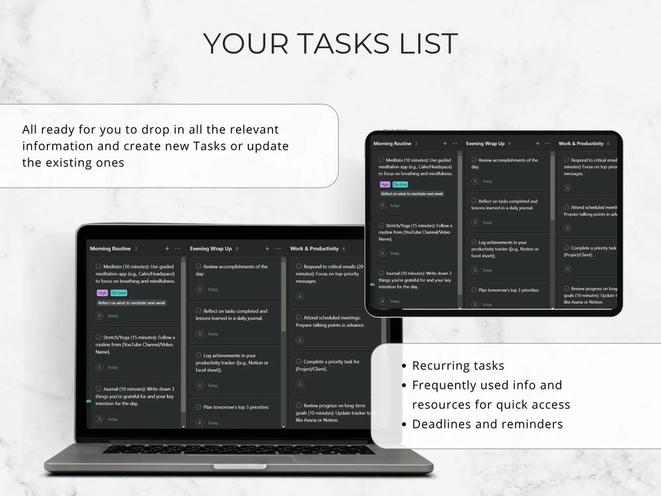 Task management system interface on a laptop and tablet with text overlay.