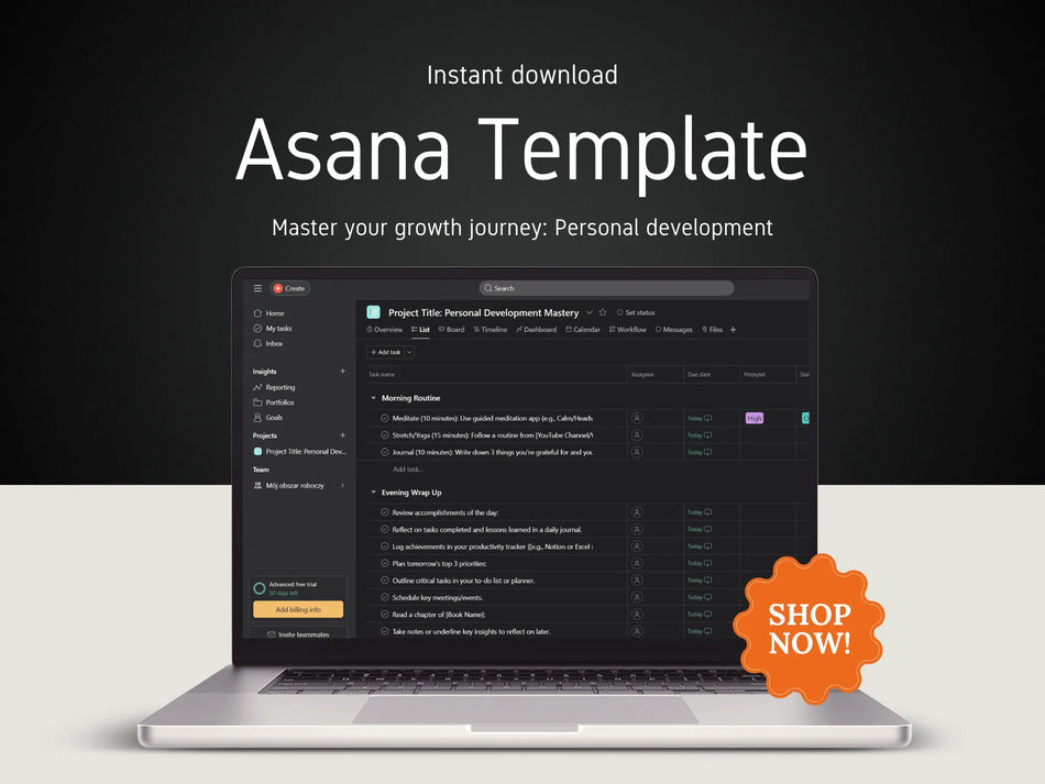 Laptop displaying an Asana template with a 'Shop Now!' button on a dark background