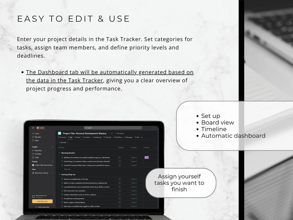 Laptop screen displaying a project management software with text on editing and using the software.