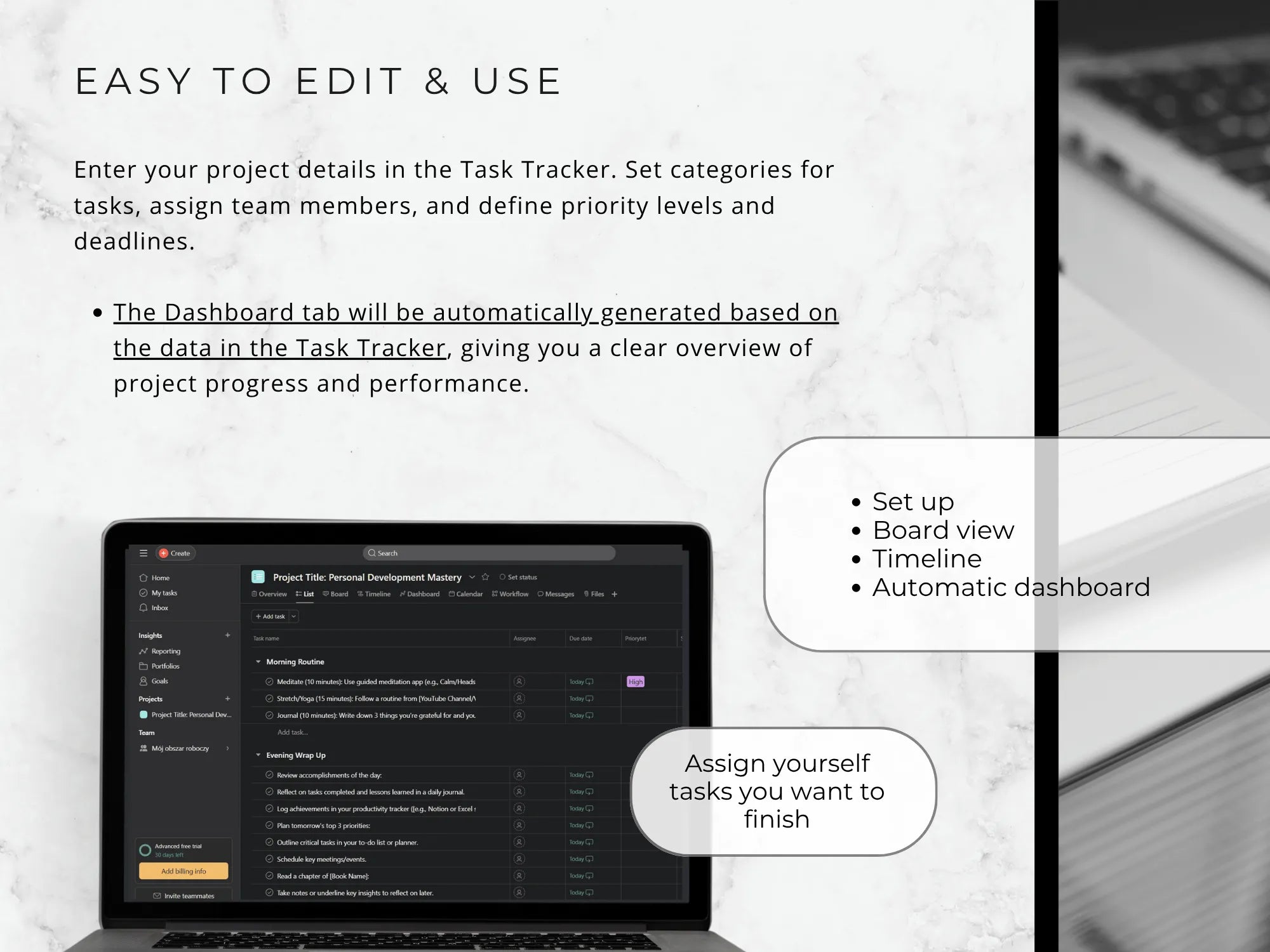 Laptop screen displaying a project management software with text on editing and using the software.