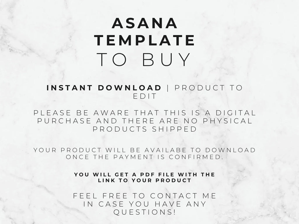 Text on a marble background about an Asana template for purchase.