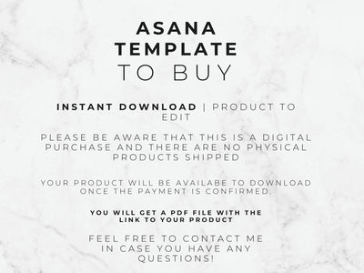 Text on a marble background about an Asana template for purchase.