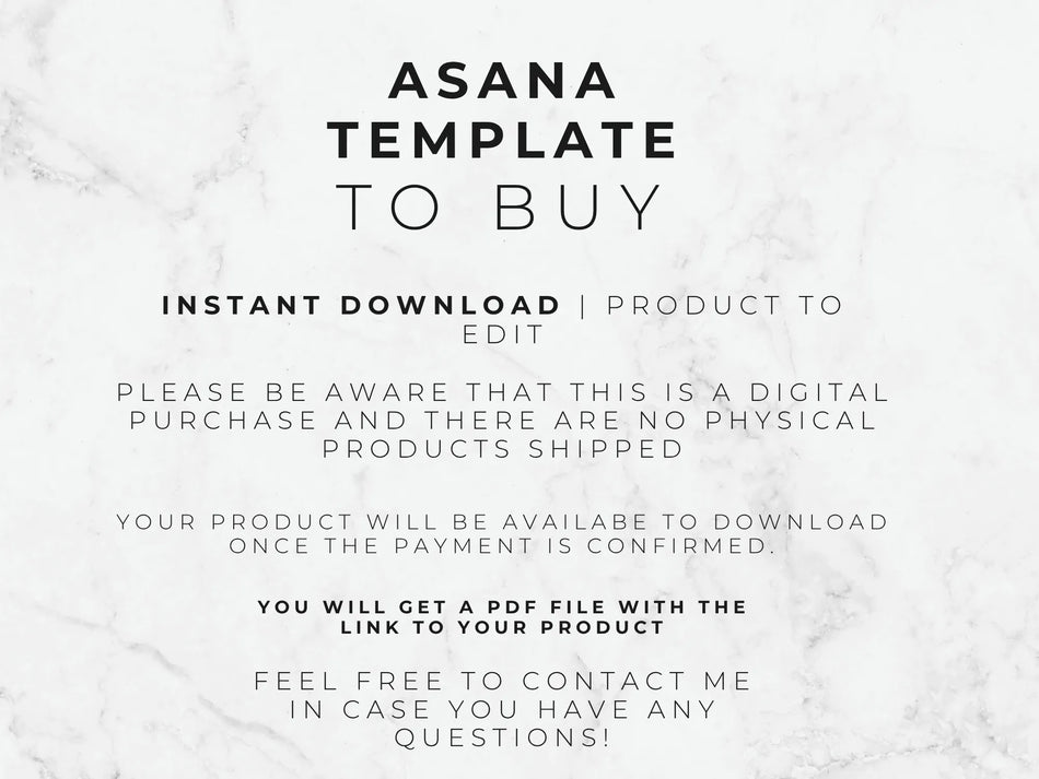 Text on a marble background about an Asana template for purchase.