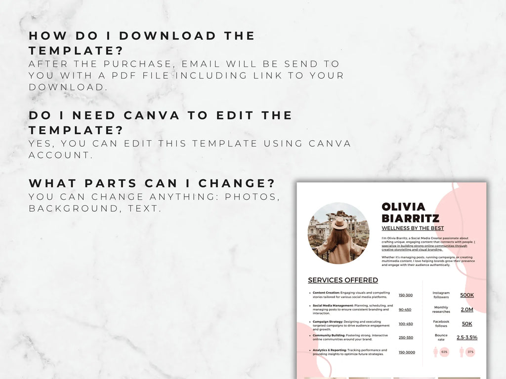 Resume template with a marble background and text instructions on how to download and edit the template.