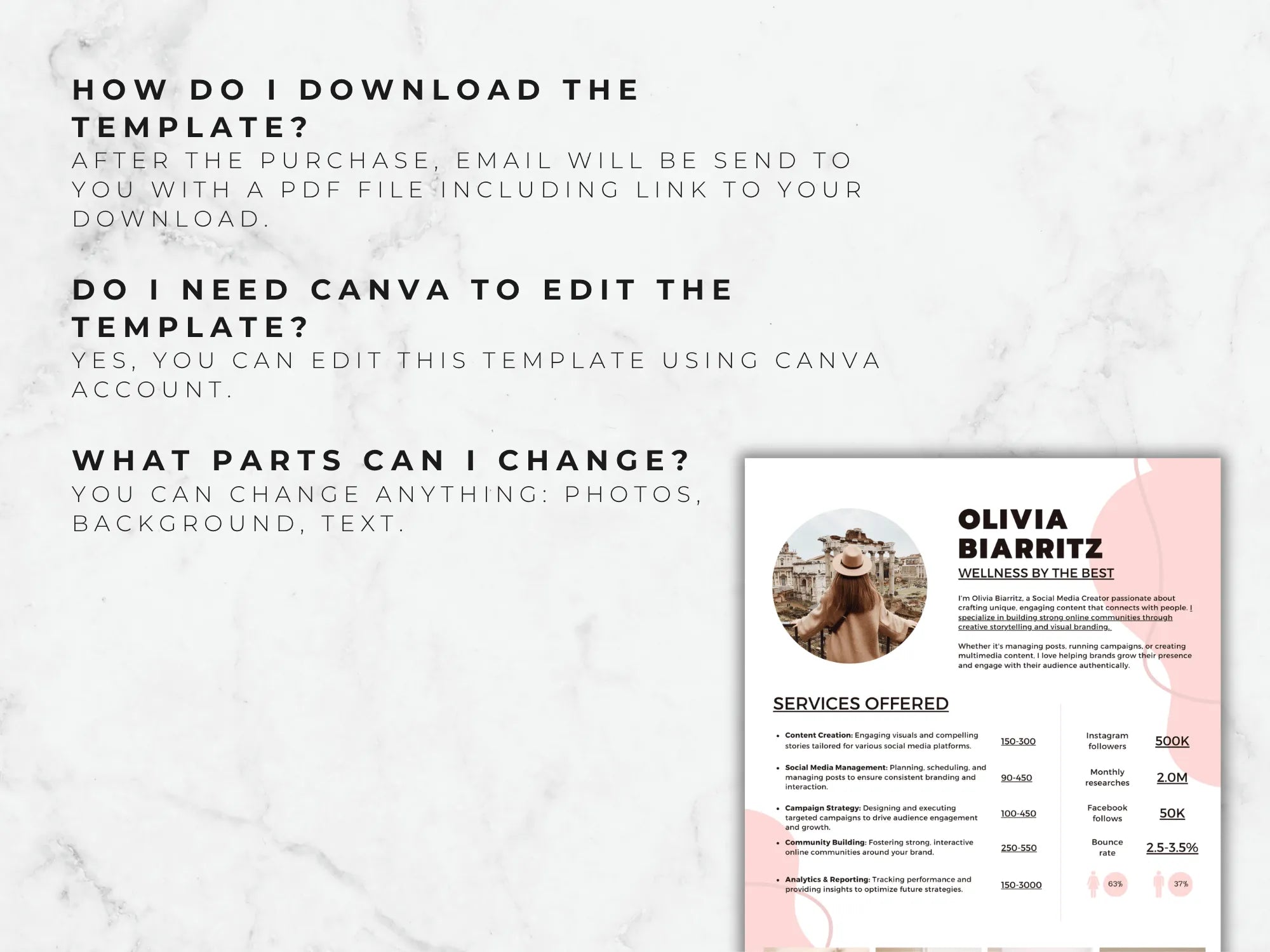 Resume template with a marble background and text instructions on how to download and edit the template.