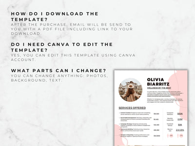 Resume template with a marble background and text instructions on how to download and edit the template.