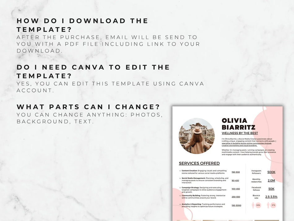 Resume template with a marble background and text instructions on how to download and edit the template.