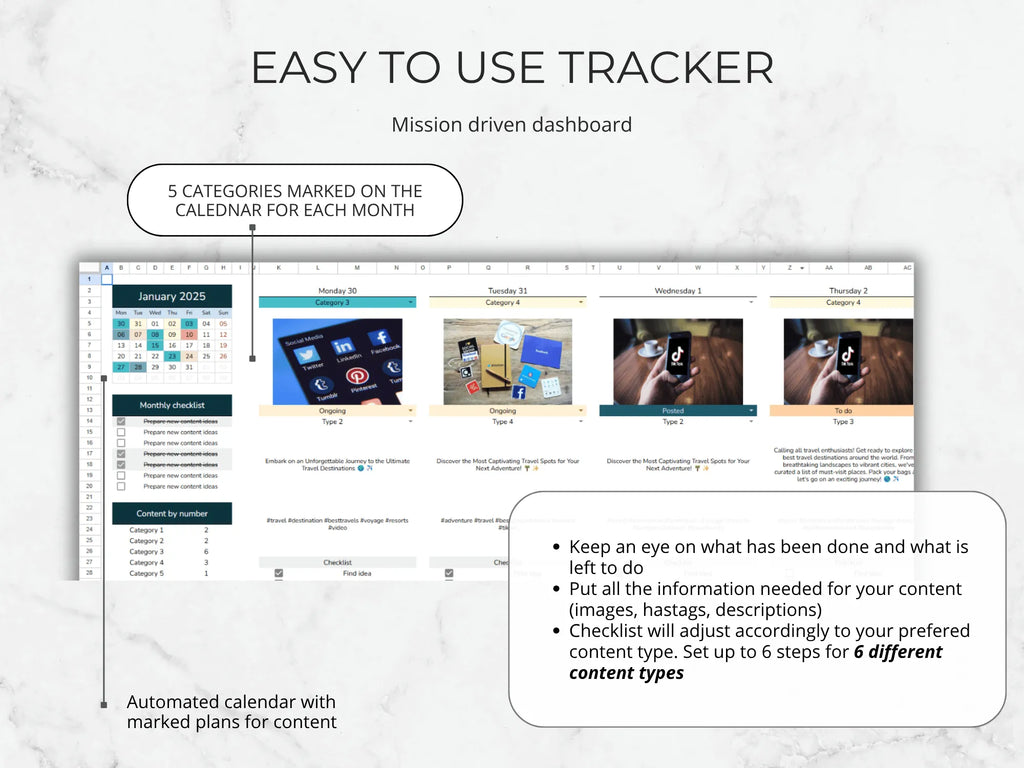Mission driven dashboard with calendar and content management features on a light background