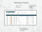 Financial transaction summary spreadsheet on a light gray background