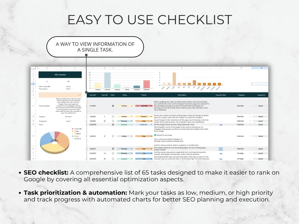 Screenshot of an SEO checklist tool with charts and text on a light background