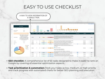 Screenshot of an SEO checklist tool with charts and text on a light background