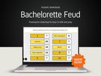 A laptop screen displaying a Bachelorette Family Feud game template, highlighting that it has seven editable pages, clickable question panels, and sound effects.