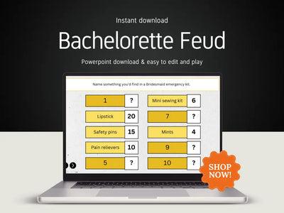 A laptop screen displaying a Bachelorette Family Feud game template, highlighting that it has seven editable pages, clickable question panels, and sound effects.
