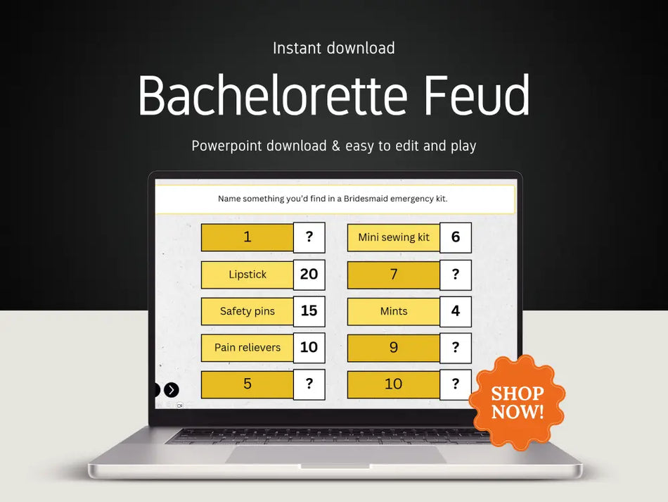 A laptop screen displaying a Bachelorette Family Feud game template, highlighting that it has seven editable pages, clickable question panels, and sound effects.