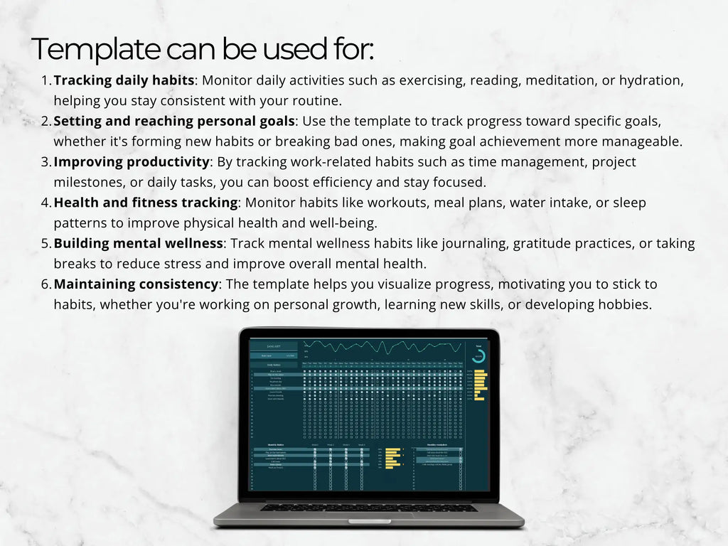 Laptop displaying a habit tracking app with text explaining its uses on a light gray background.