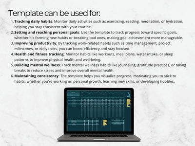 Laptop displaying a habit tracking app with text explaining its uses on a light gray background.