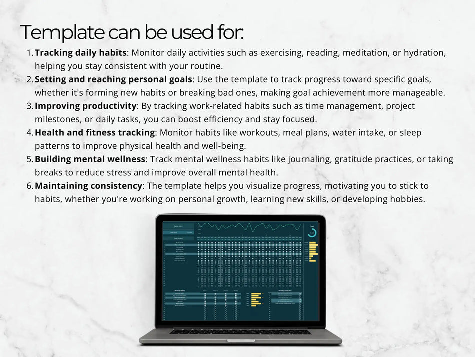 Laptop displaying a habit tracking app with text explaining its uses on a light gray background.