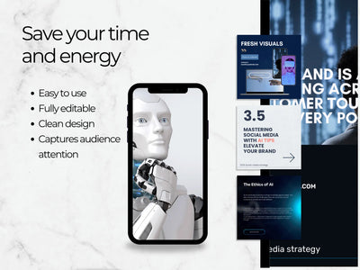 A digital advertisement highlighting the benefits of AI social media templates