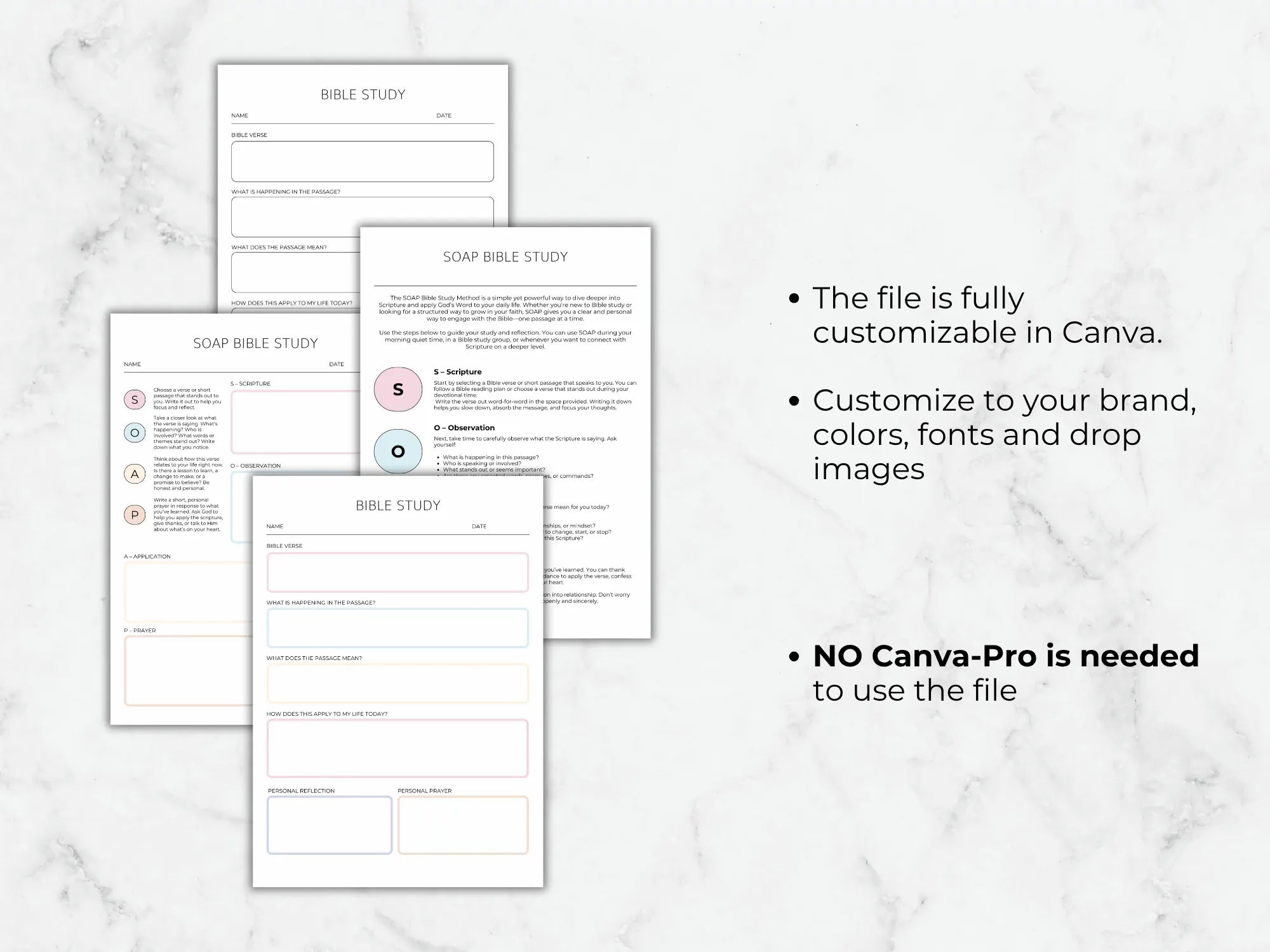 Bible study sheets on a marble surface with text about customization options.