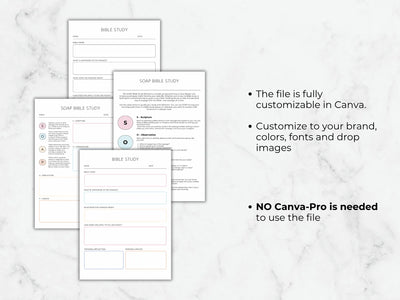 Bible study sheets on a marble surface with text about customization options.