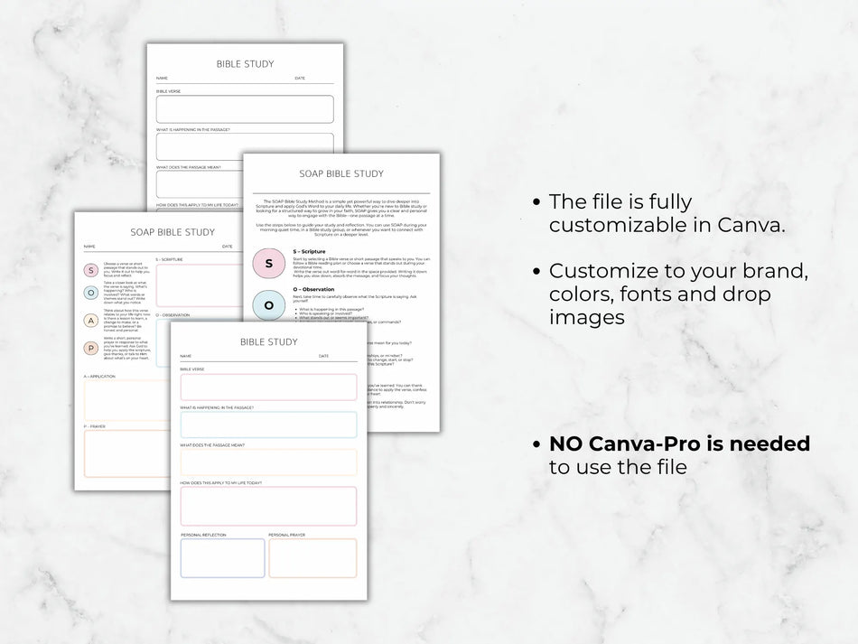 Bible study sheets on a marble surface with text about customization options.