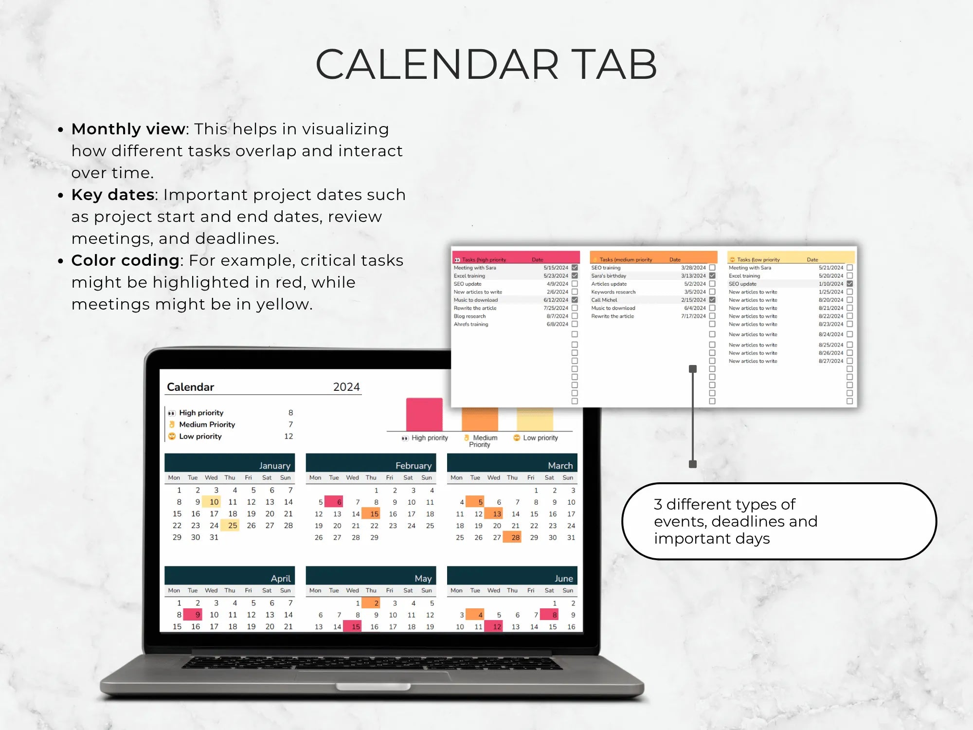 Calendar tab on a laptop screen with text explaining its features.