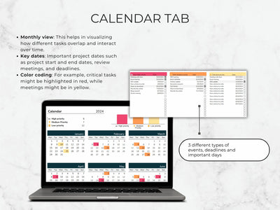 Calendar tab on a laptop screen with text explaining its features.